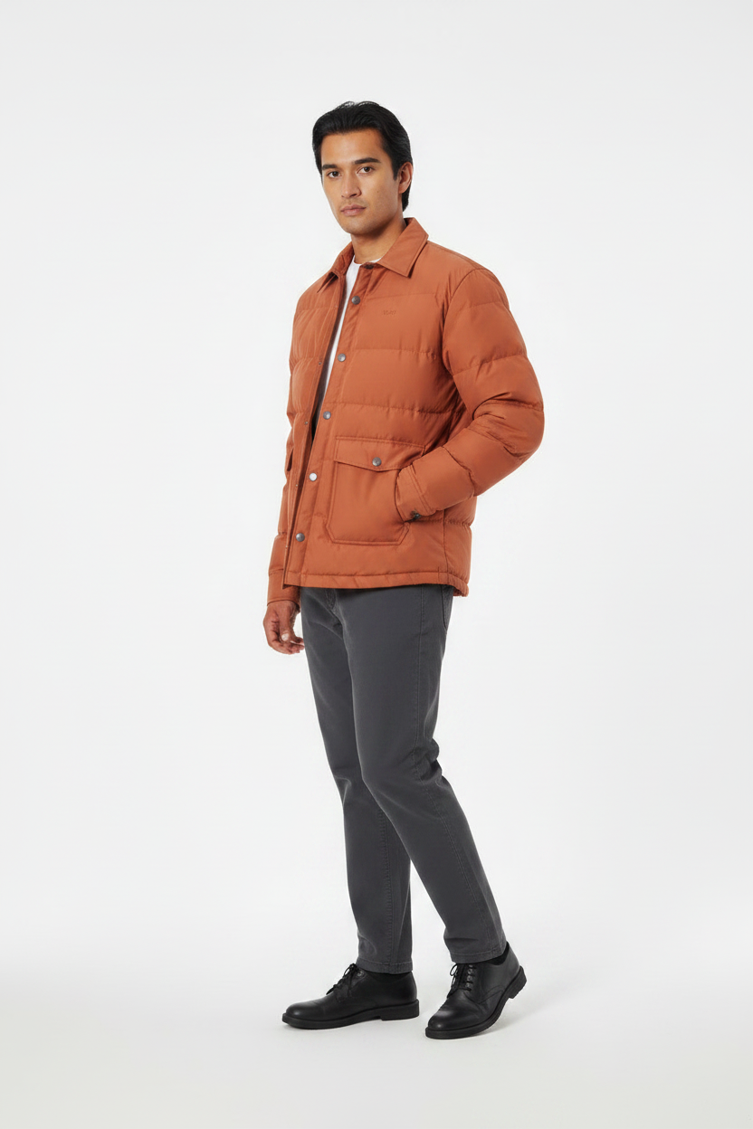 Luxury Quilted Puffer Jacket - Burnt Clay Orange - Three Quarter