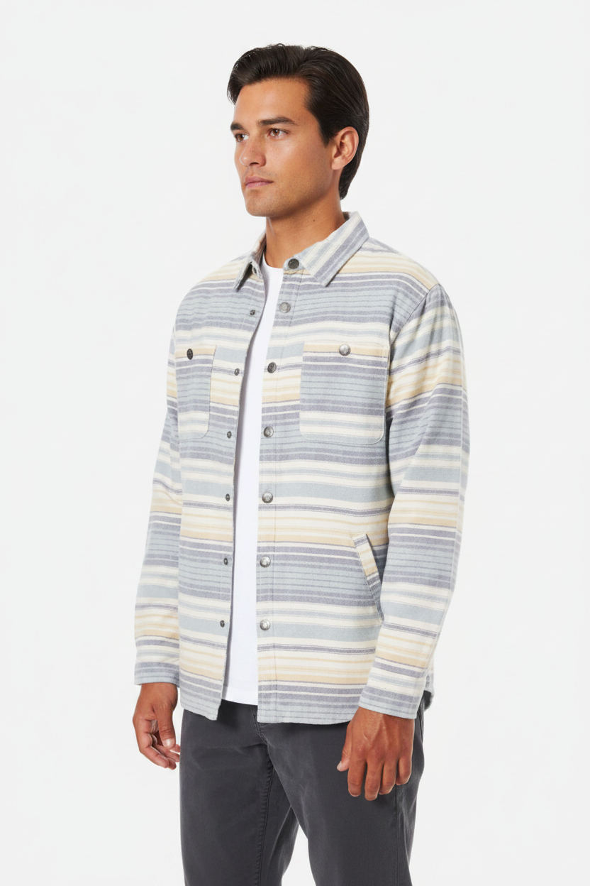 Luxury Striped Overshirt Jacket - Warm Sand Beige Stripe - Front View
