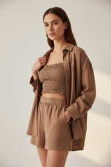 Luxury Smocked Camisole & Summer Shirt Set in Soft Cocoa Taupe - Editorial Pose