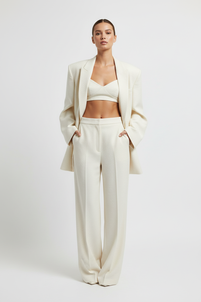Luxury Oversized Textured Jacket Set in Ivory Cream - Front View