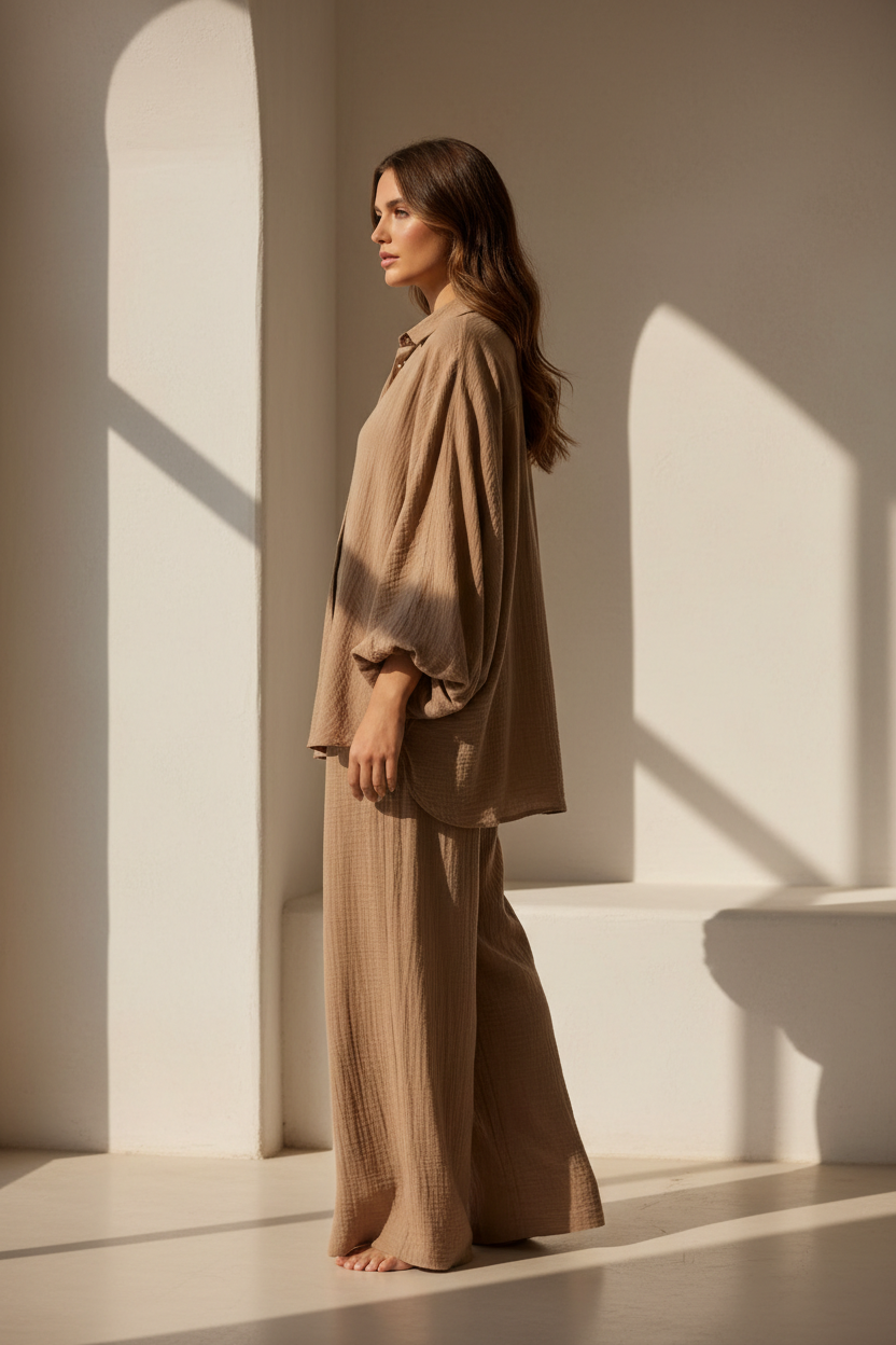 Luxury Textured Lounge Co-ord Set in Dusty Olive Nude - Side Standing