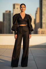 Luxury Tailored Puff-Sleeve Pants Co-ord Set in Midnight Black - Front Full Body