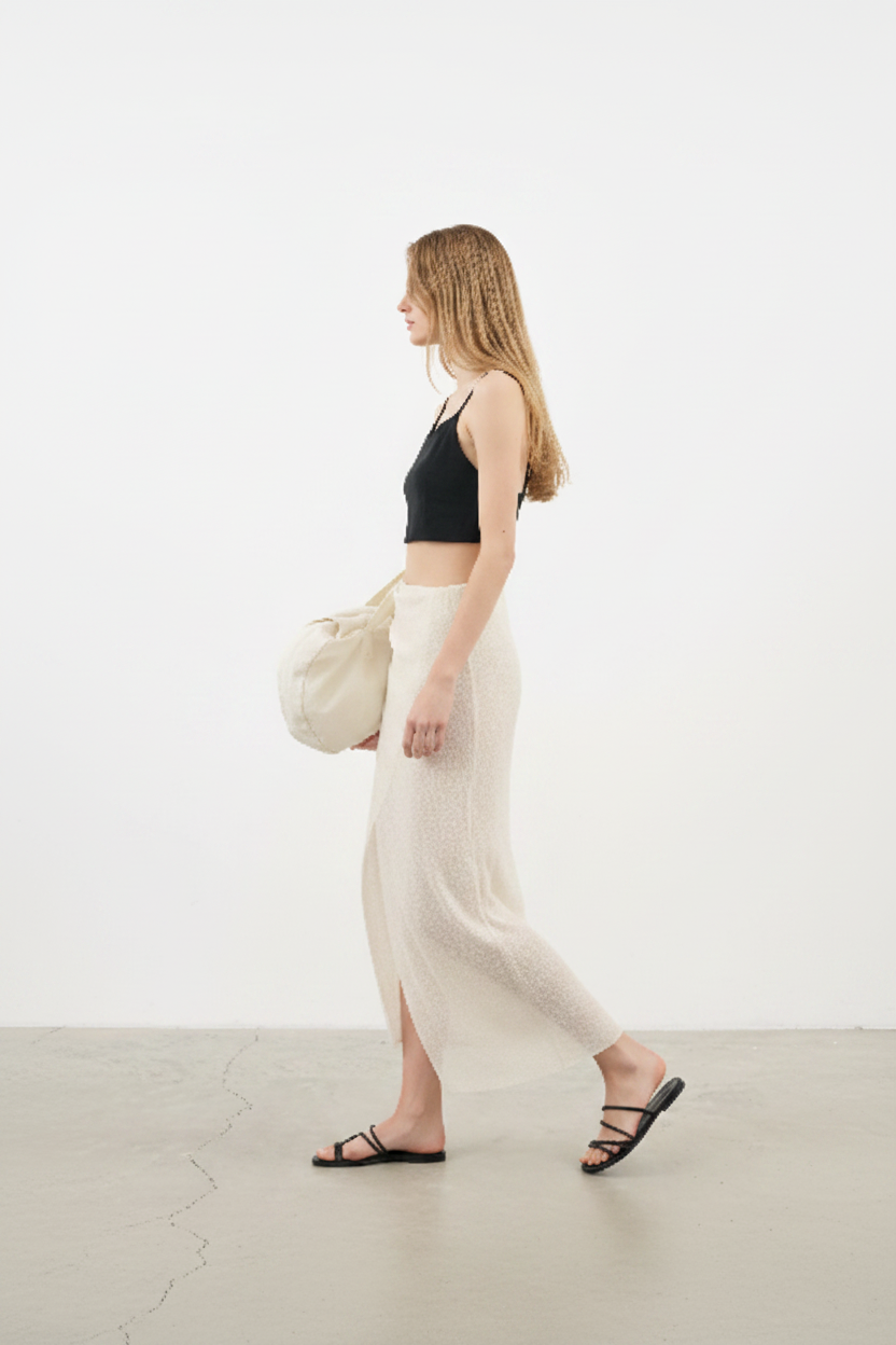 Luxury Beach Wrap Skirt Set in Warm Beige - Side Walking Pose