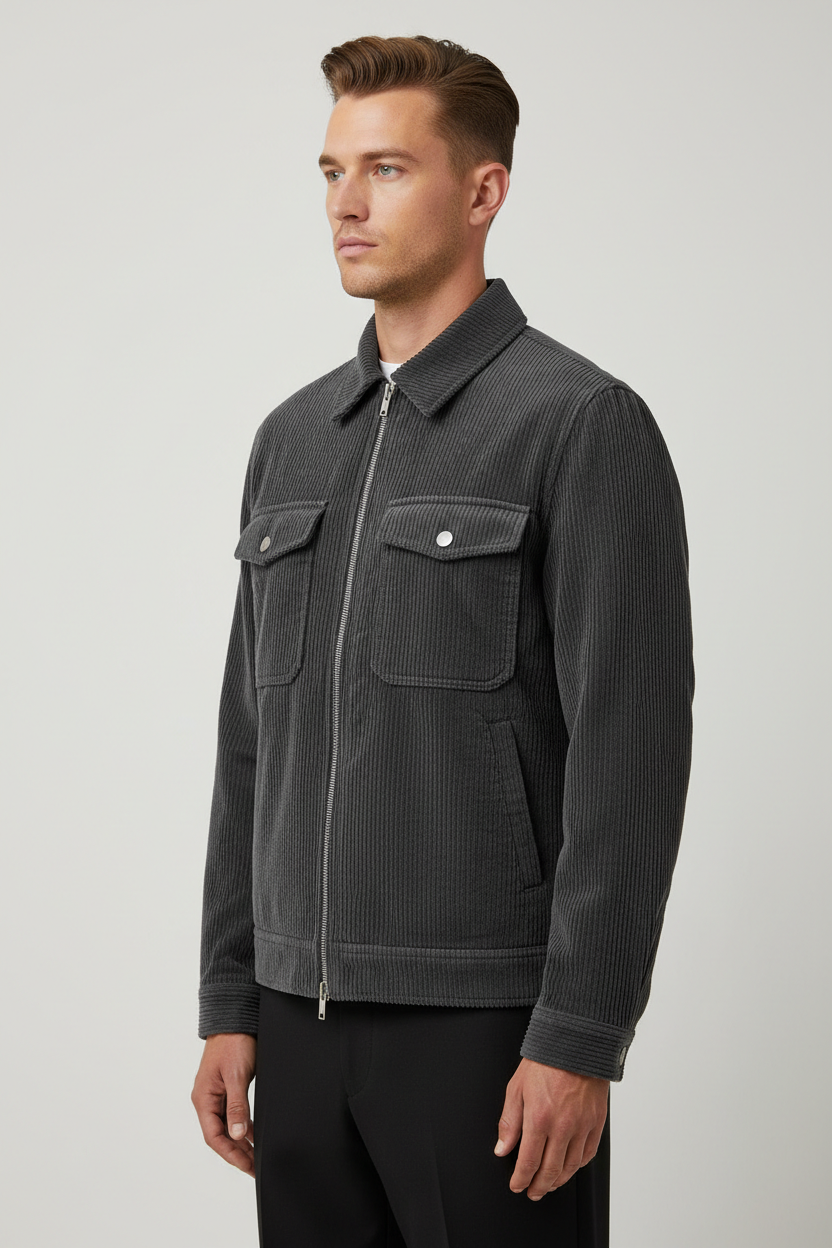Luxury Corduroy Zip-Up Jacket - Charcoal Grey - Side Angle