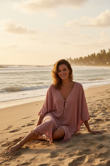 Dusty Rose Kaftan - Sitting on sand