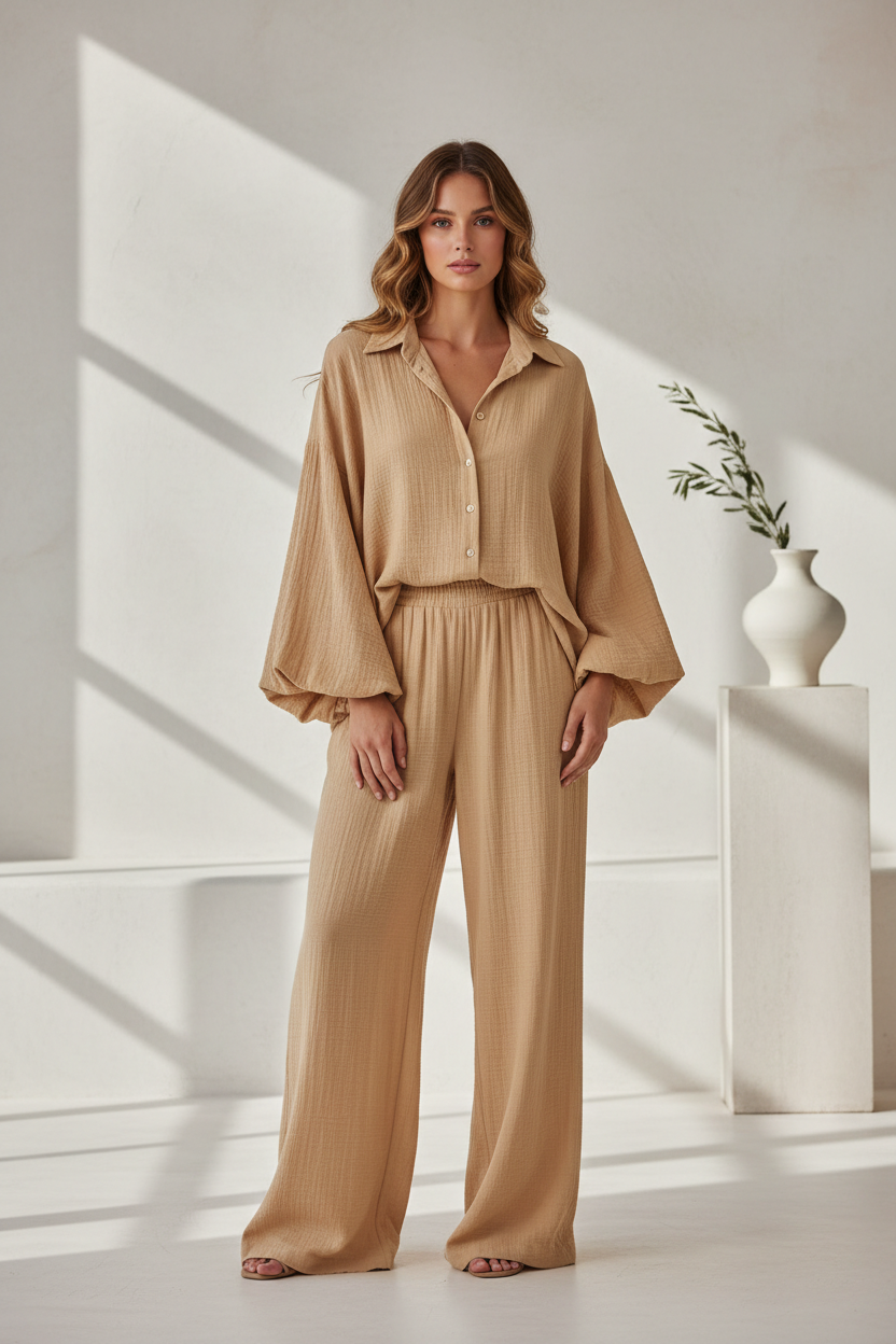 Luxury Textured Lounge Co-ord Set in Warm Sand Beige - Front Full Body