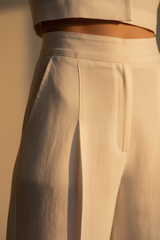 Luxury Tailored Puff-Sleeve Pants Co-ord Set in Soft Coconut White - Fabric Detail