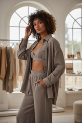 Luxury Minimal Cotton Resort Set in Muted Stone Taupe - Three Quarter Editorial