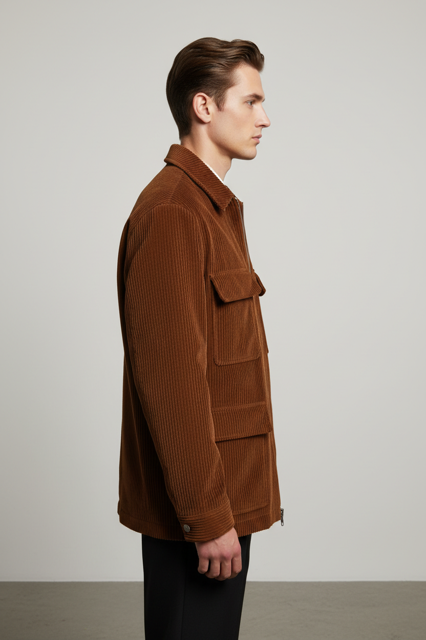 Luxury Corduroy Zip-Up Jacket - Warm Cocoa Brown - Side Angle