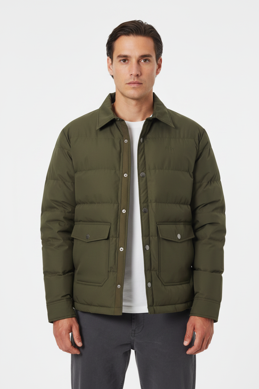 Luxury Quilted Puffer Jacket - Olive Forest Green - Front View