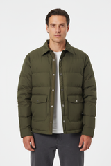 Luxury Quilted Puffer Jacket - Olive Forest Green - Front View