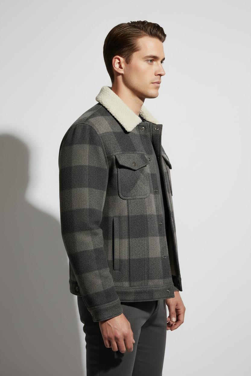 Luxury Plaid Sherpa-Collar Trucker Jacket - Charcoal Smoke Grey - Side Angle