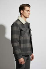 Luxury Plaid Sherpa-Collar Trucker Jacket - Charcoal Smoke Grey - Side Angle