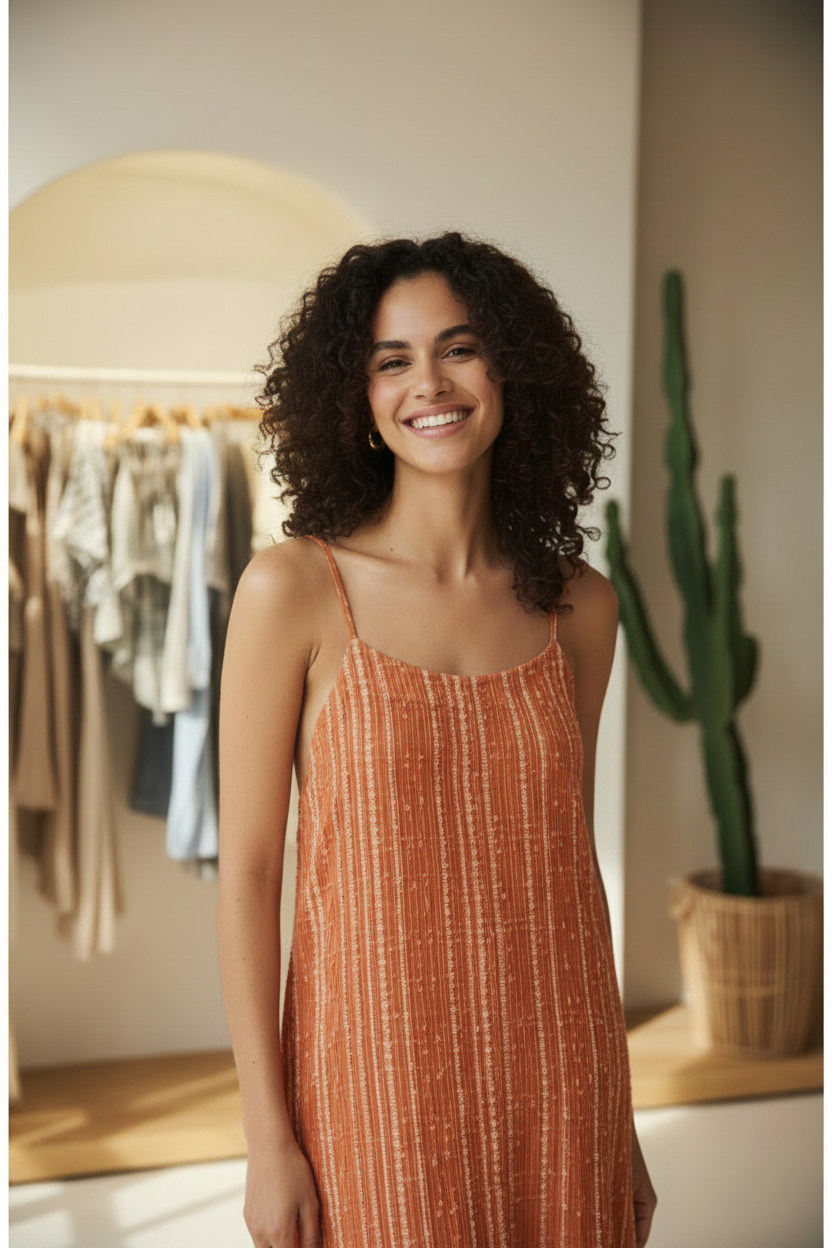 Model wearing Terracotta Boho Striped Maxi Dress - smiling boutique shot