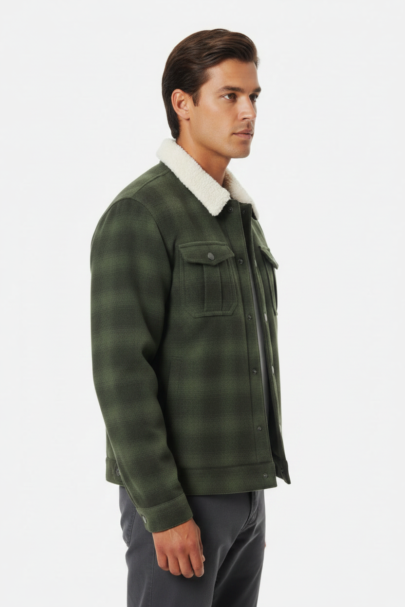 Luxury Plaid Sherpa-Collar Trucker Jacket - Forest Moss Green - Side Angle