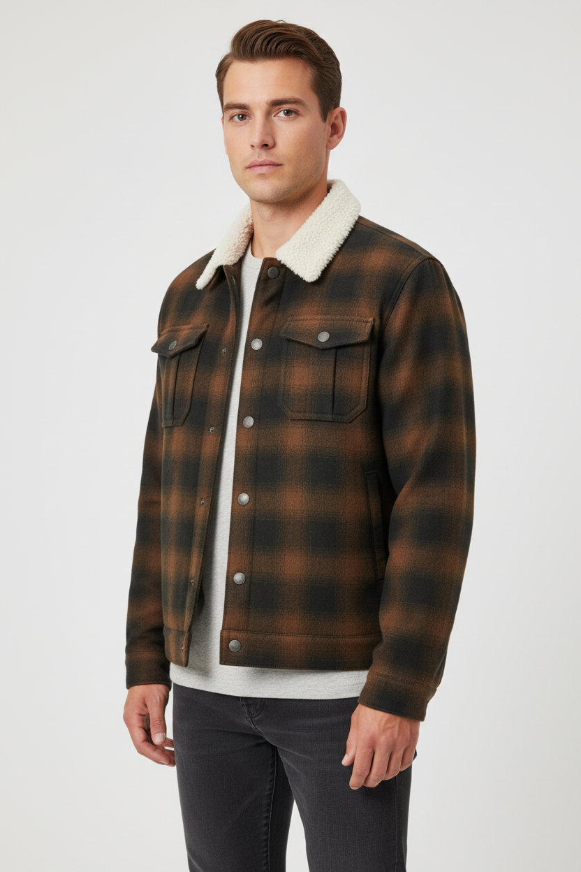 Luxury Plaid Sherpa-Collar Trucker Jacket - Warm Cocoa Brown - Front View