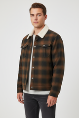 Luxury Plaid Sherpa-Collar Trucker Jacket - Warm Cocoa Brown - Front View