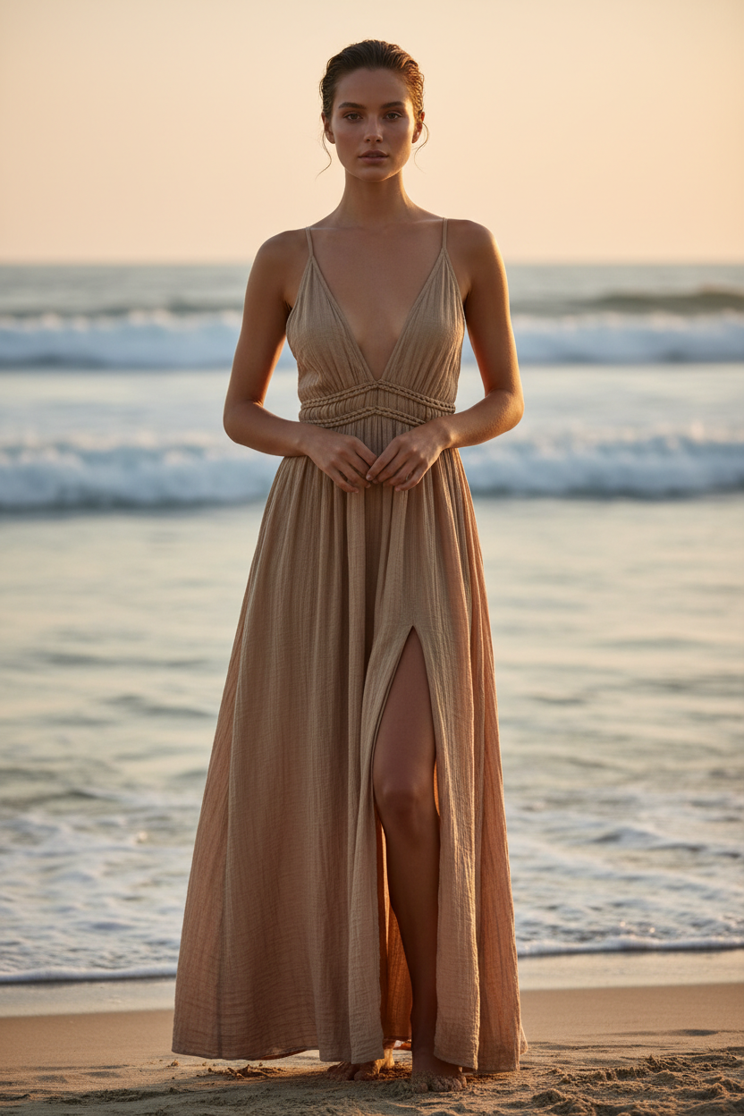 Luxury Resort Lounge Maxi Dress in Dusty Olive Nude - Front Full Body