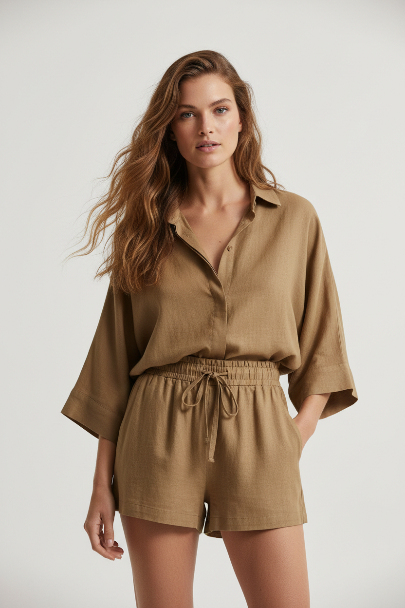 Luxury Minimal Linen Lounge Set in Dusty Olive Nude - Lifestyle