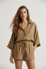 Luxury Minimal Linen Lounge Set in Dusty Olive Nude - Lifestyle
