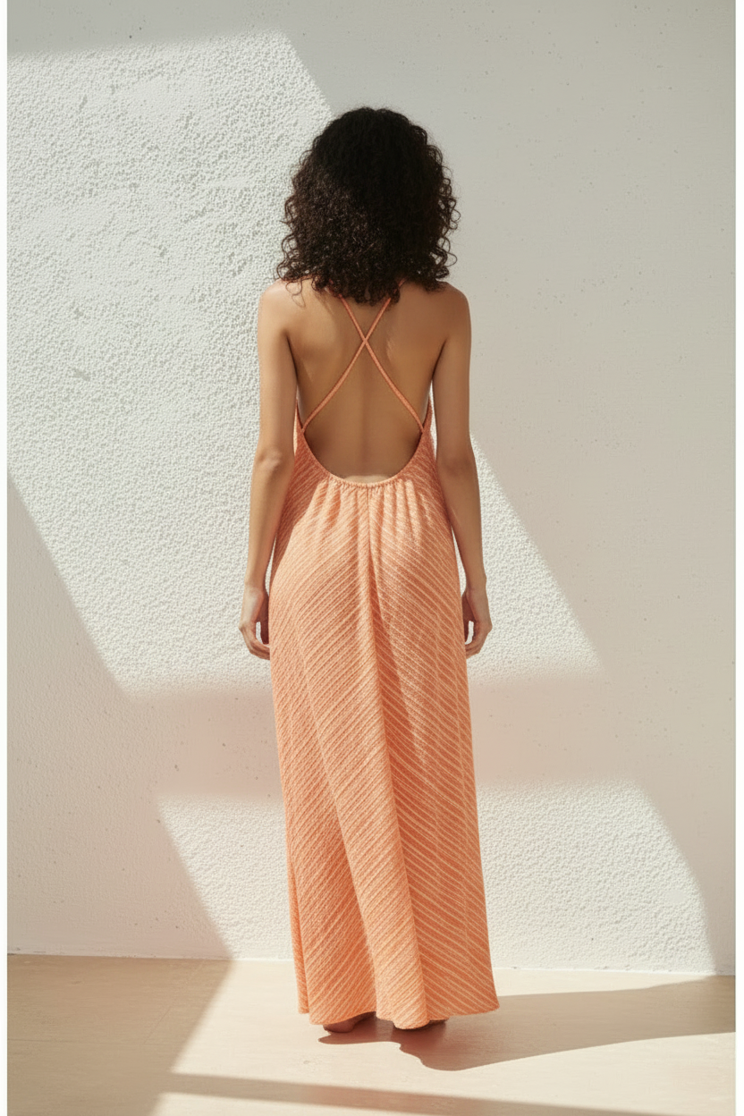 Crinkled Resort Maxi Dress in Sunset Peach - Back View
