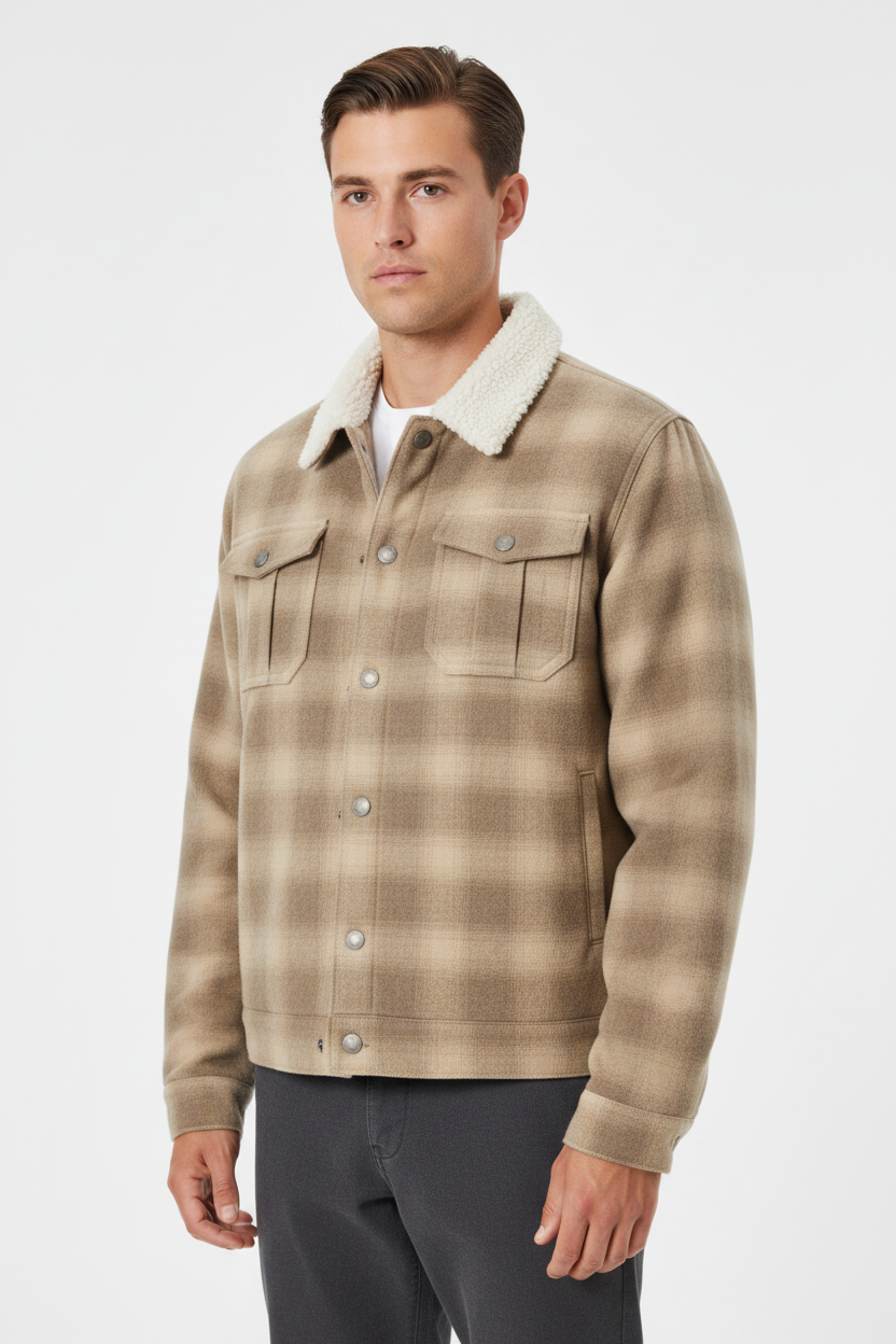 Luxury Plaid Sherpa-Collar Trucker Jacket - Sandstone Beige - Front View