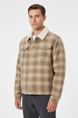 Luxury Plaid Sherpa-Collar Trucker Jacket - Sandstone Beige - Front View