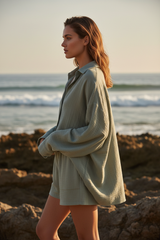 Luxury Oversized Beach Shirt Set in Muted Sage Stone - Side Standing