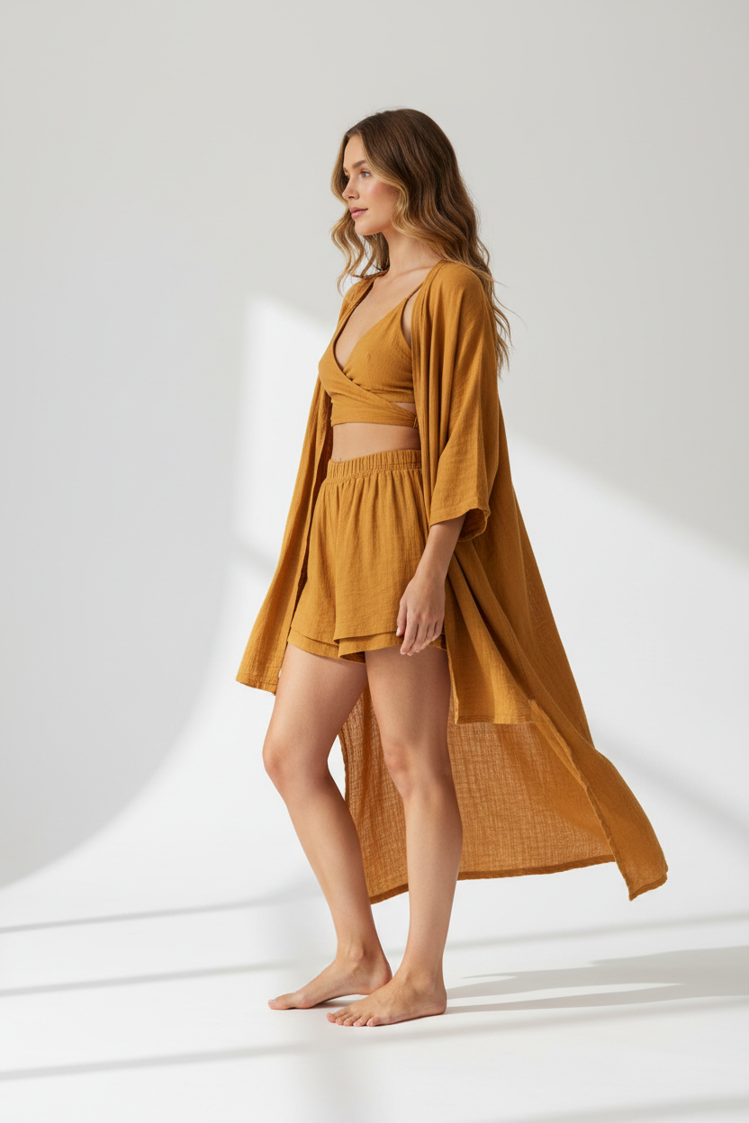 Luxury Lounge Co-ord Set in Golden Desert Linen - Side Standing
