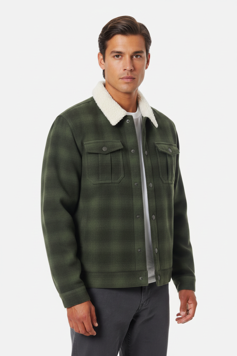 Luxury Plaid Sherpa-Collar Trucker Jacket - Forest Moss Green - Front View