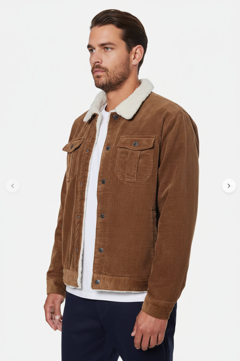 Luxury Sherpa-Collar Corduroy Trucker Jacket - Warm Tobacco Brown - Three Quarter Editorial