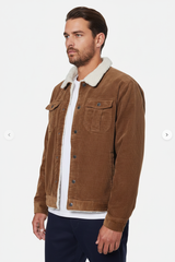 Luxury Sherpa-Collar Corduroy Trucker Jacket - Warm Tobacco Brown - Three Quarter Editorial