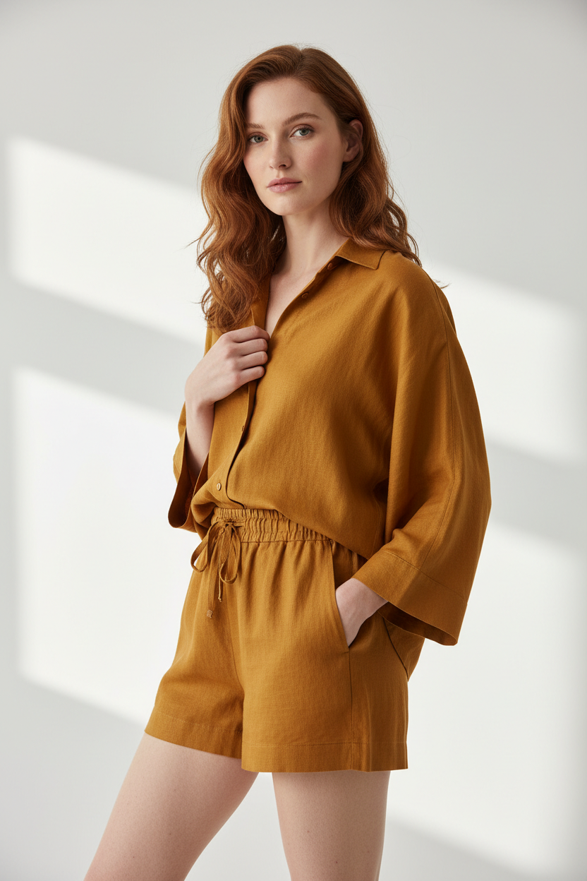 Luxury Minimal Linen Lounge Set in Golden Desert Linen - Three Quarter Editorial