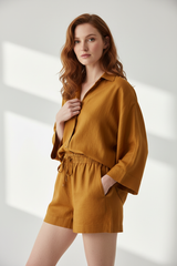 Luxury Minimal Linen Lounge Set in Golden Desert Linen - Three Quarter Editorial