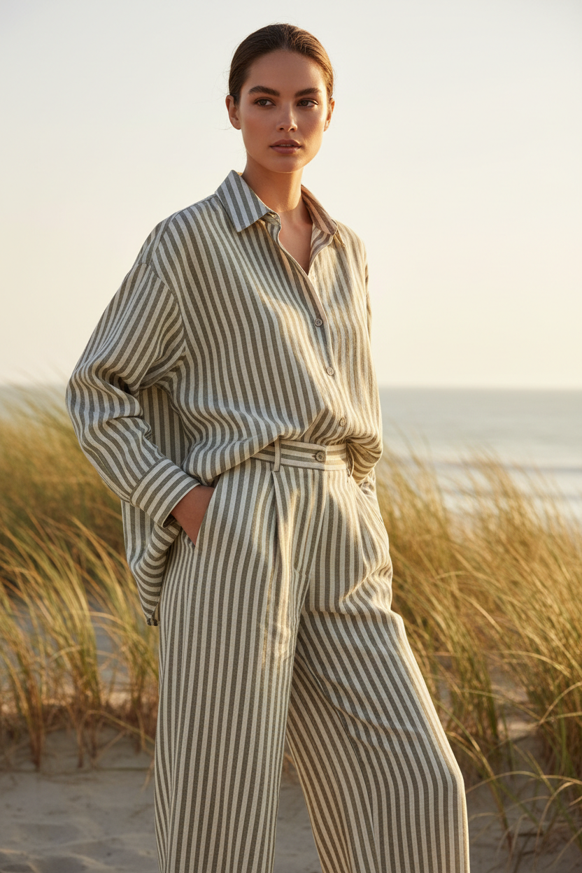 Muted Olive & Cream Stripe – Three-Quarter Editorial
