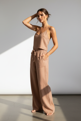 Luxury Minimal Linen Resort Set in Dusty Clay Nude - Three Quarter Editorial