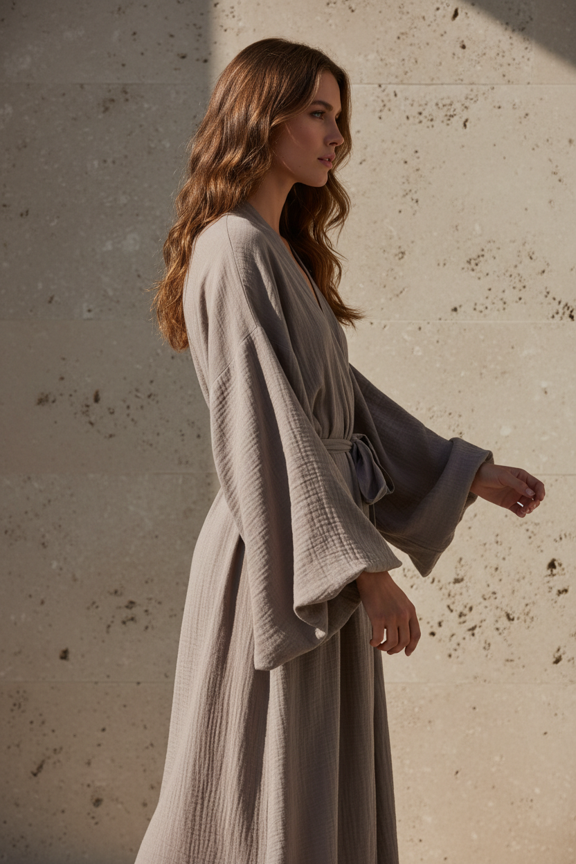 Luxury Lounge Robe Dress in Muted Stone Taupe - Side Standing