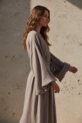 Luxury Lounge Robe Dress in Muted Stone Taupe - Side Standing