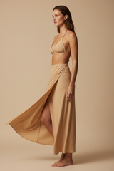 Luxury Beachwear Wrap Skirt Set in Warm Sand Beige - Side Pose