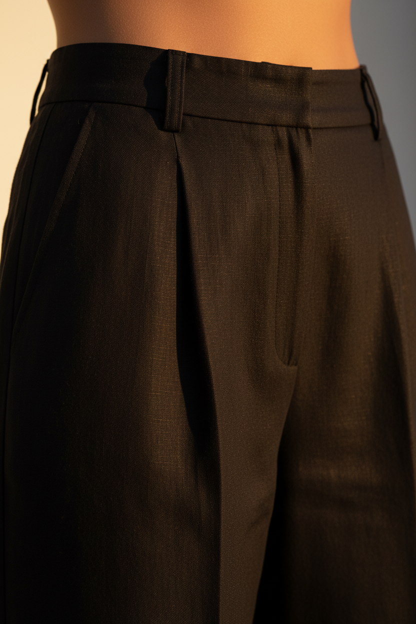 Luxury Tailored Puff-Sleeve Pants Co-ord Set in Midnight Black - Fabric Detail