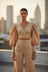 Luxury Tailored Puff-Sleeve Pants Co-ord Set in Warm Sand Beige - Front Full Body