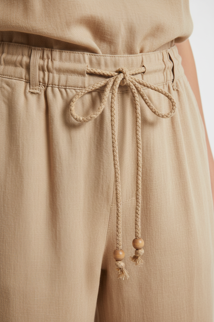 Luxury Minimal Linen Resort Set in Warm Sand Beige - Fabric Detail