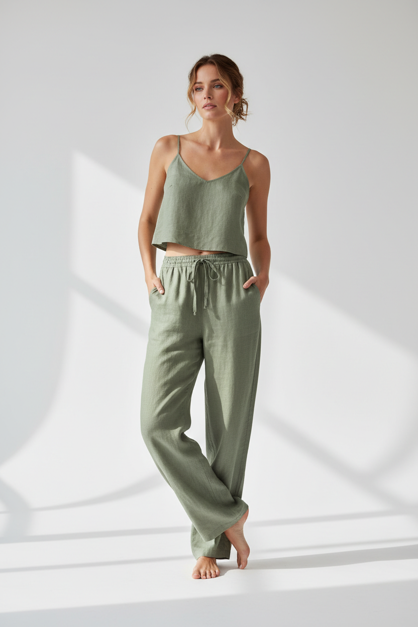 Luxury Minimal Linen Resort Set in Muted Sage Linen - Lifestyle