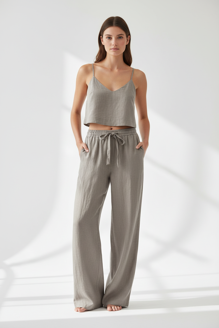 Luxury Minimal Linen Resort Set in Stone Taupe Grey - Front Full Body