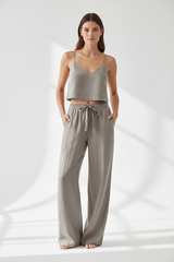 Luxury Minimal Linen Resort Set in Stone Taupe Grey - Front Full Body