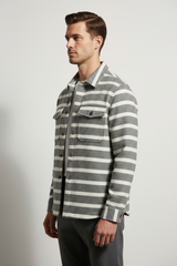Luxury Striped Overshirt Jacket - Stone Grey Stripe - Side Angle