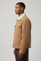 Luxury Sherpa-Collar Corduroy Trucker Jacket - Sandstone Beige - Side Angle