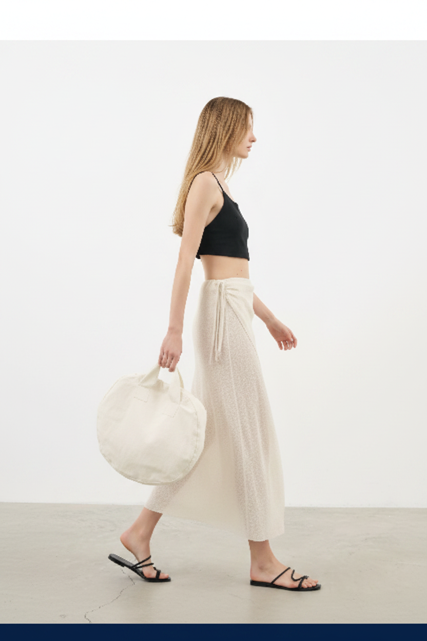 Luxury Beach Wrap Skirt Set in Soft Ivory Sand - Side Walking Pose