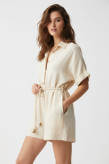Luxury Linen Lounge Romper in Warm Coconut Cream - Three Quarter Editorial