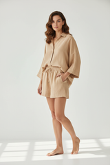 Luxury Minimal Linen Lounge Set in Warm Sand Beige - Three Quarter Editorial